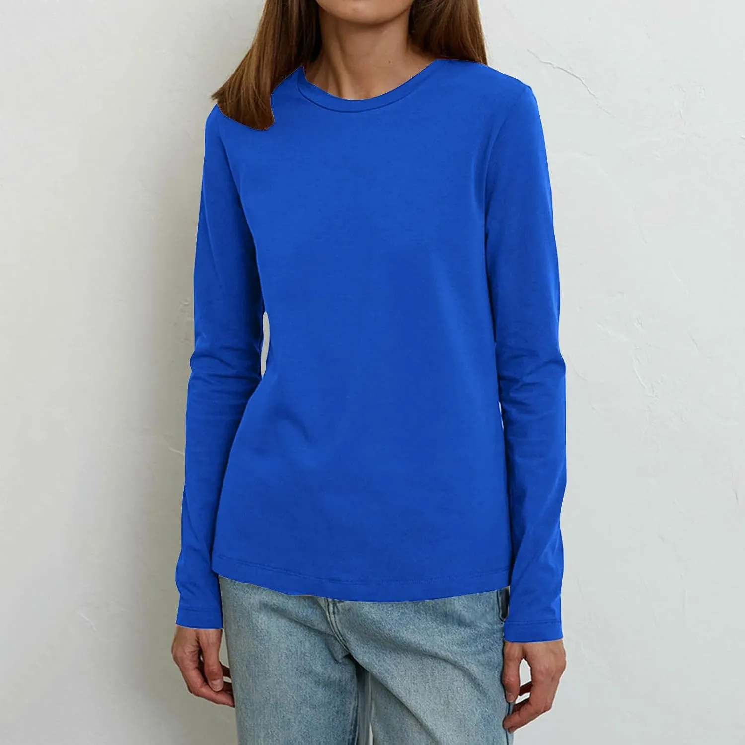 Women's Solid Color Tunic Tops Casual Long Sleeve Shirts Round Neck Pullover Loose Breathable Base Layer Blouse