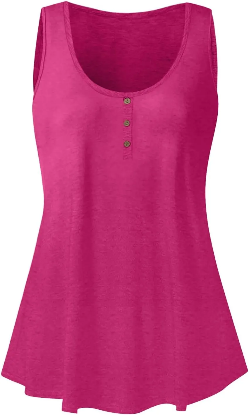 Womens Tank Top Loose Fit Casual Crew Neck Sleeveless Button T Shirts Plus Size 4Th of July Summer Tops