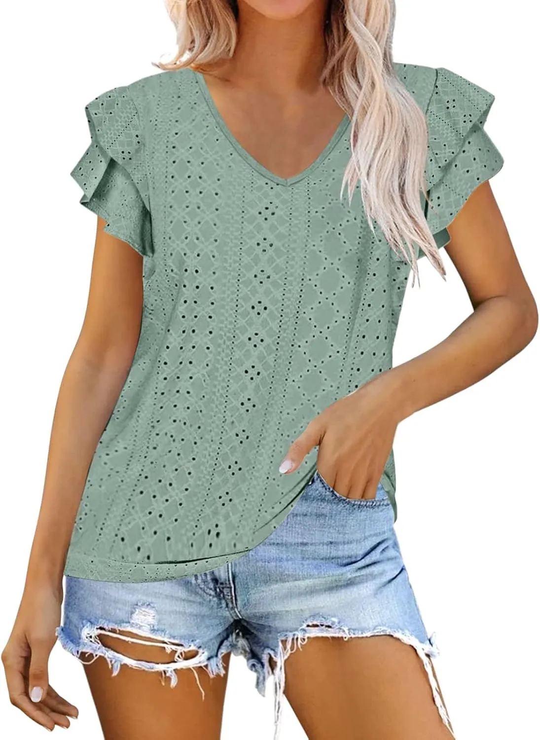 Womens Tops Summer Ruffle Sleeve Crew Neck Tshirts Loose Fit Casual Cute Top Blouses