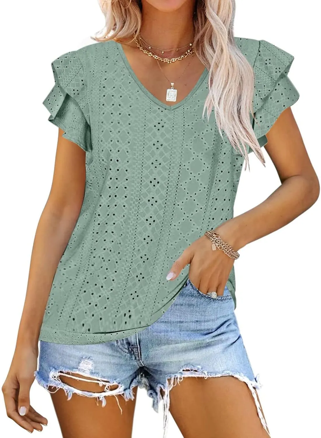 Womens Tops Summer Ruffle Sleeve Crew Neck Tshirts Loose Fit Casual Cute Top Blouses