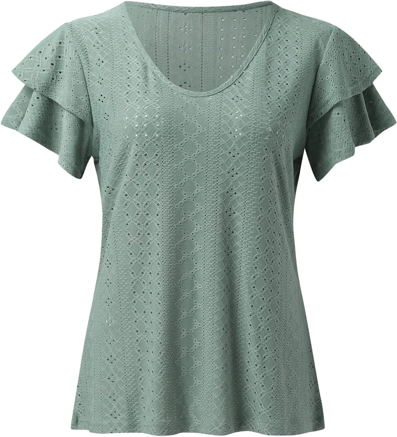 Womens Tops Summer Ruffle Sleeve Crew Neck Tshirts Loose Fit Casual Cute Top Blouses