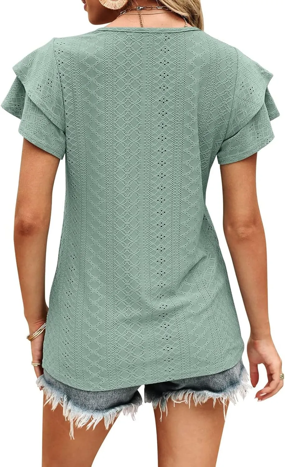 Womens Tops Summer Ruffle Sleeve Crew Neck Tshirts Loose Fit Casual Cute Top Blouses