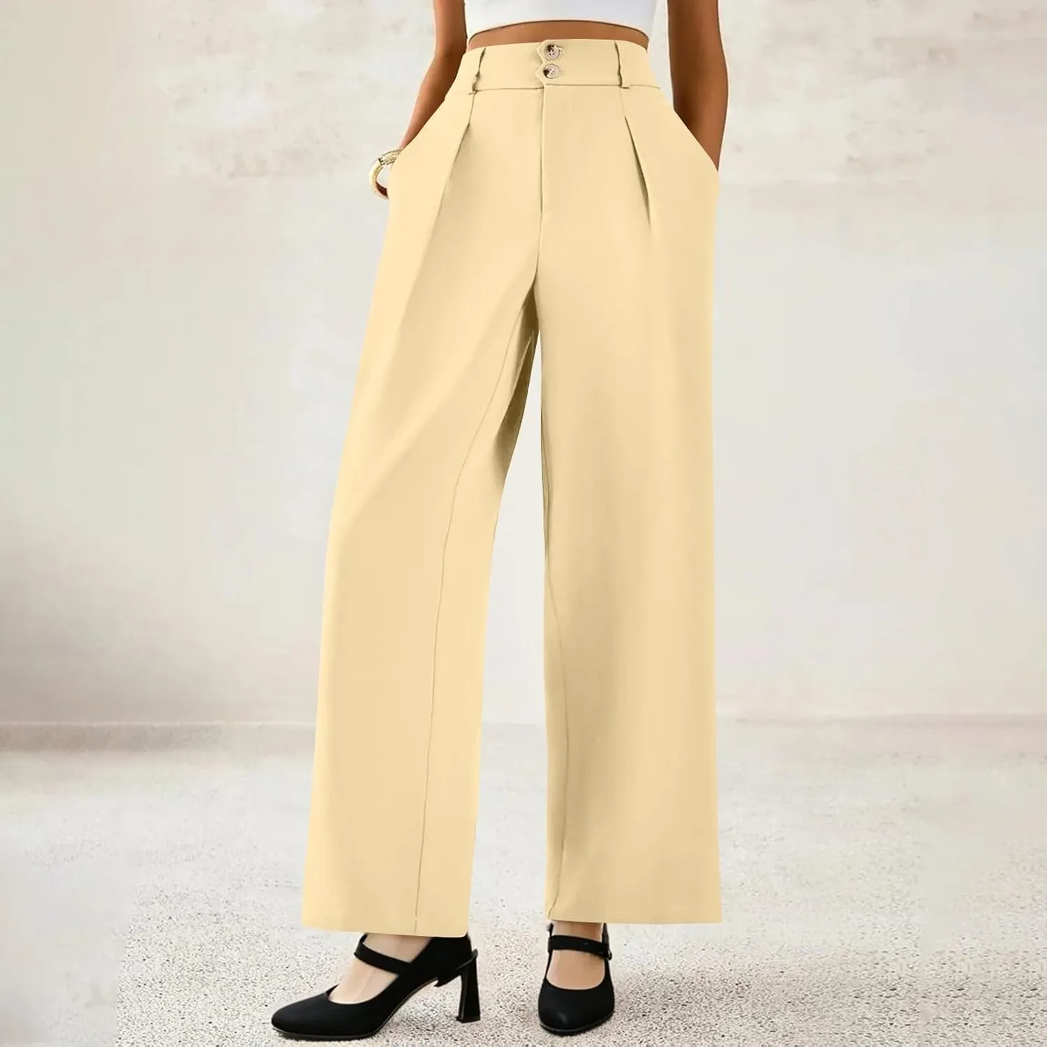 Womens Wide Leg Dress Pants Stretchy Palazzo Pants Business High Elastic Waisted Button Long Trousers
