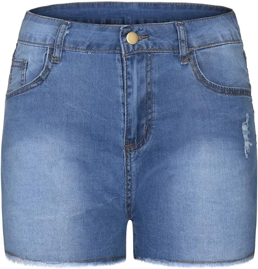 WUAI Ripped Jean Shorts for Women Plus Size High Waisted Stretchy Distressed Denim Jeans Shorts